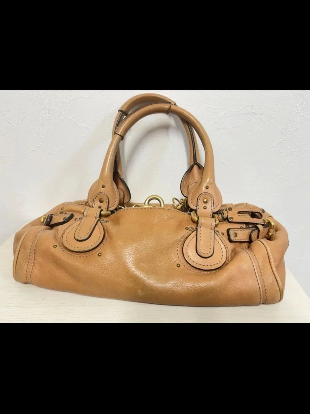 Chloe Tan Leather Satchel with Gold Padlock and Charm